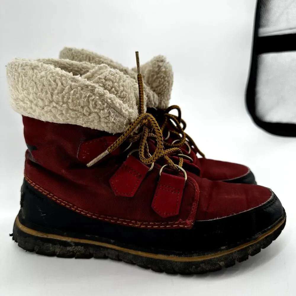 Sorel Explorer Carnival Boot Leather Waterproof Ankle Faux Sherpa Fur EVA Red 6